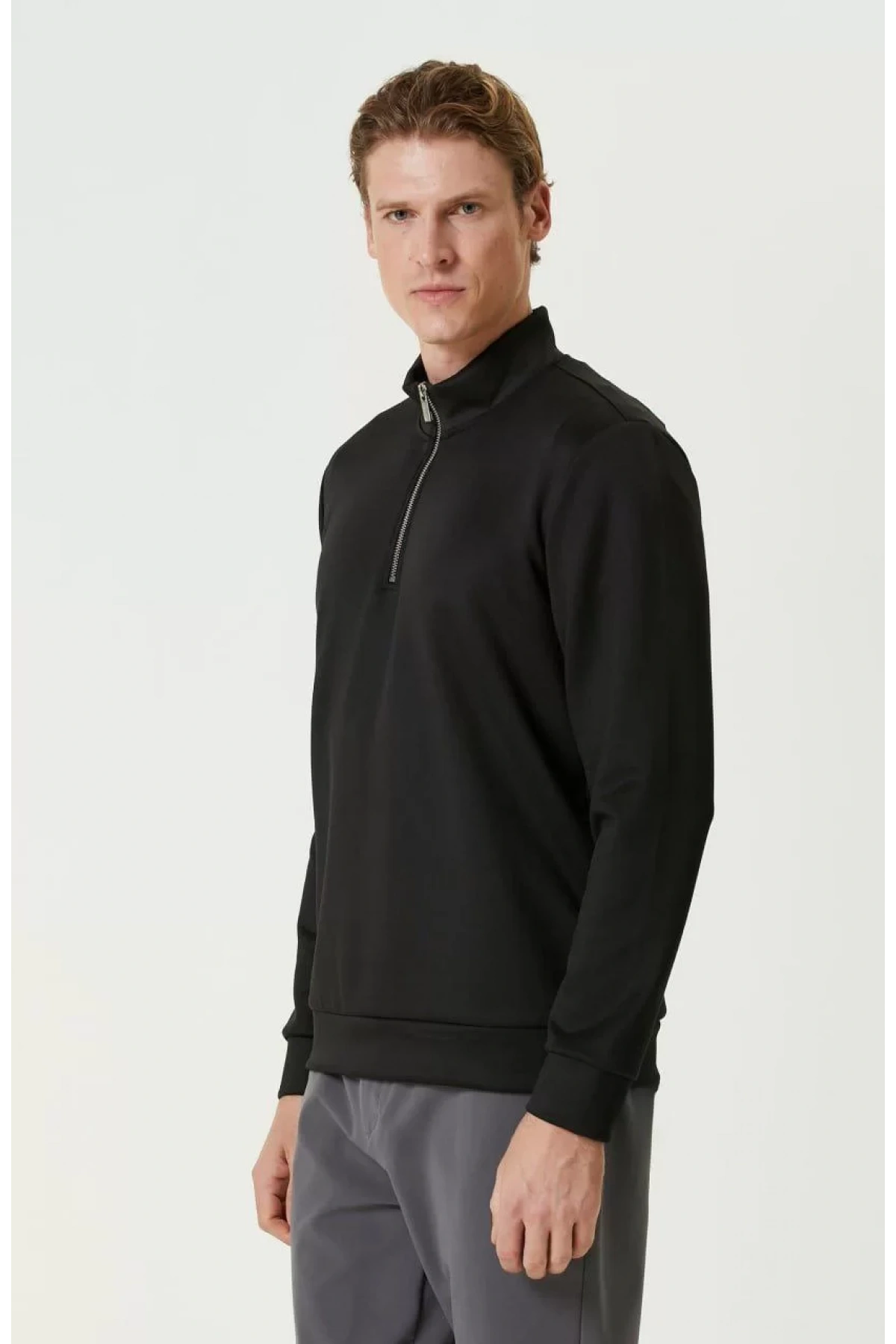 Unisex Uzun Kol Yarım Farmuarlı Yakalı Basic SweatShirt - Siyah