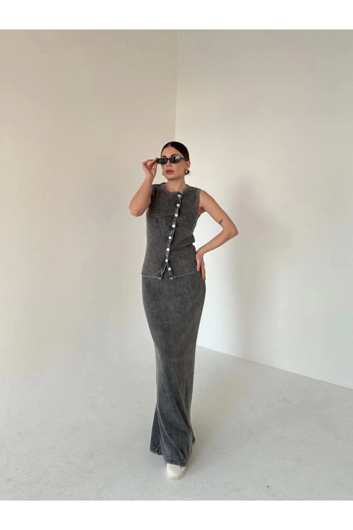 Uzun Etekli Önü Düğmeli Badi İkili Takım- Antrasit