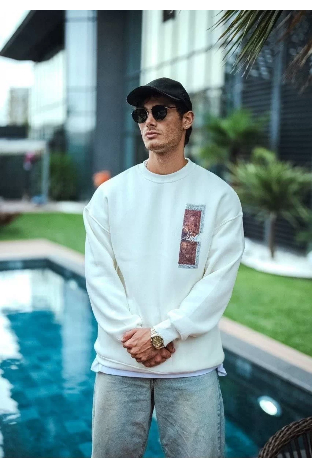 Uzun Kol Bisiklet Yaka Ön ve Arka Baskılı SweatShirt - Beyaz