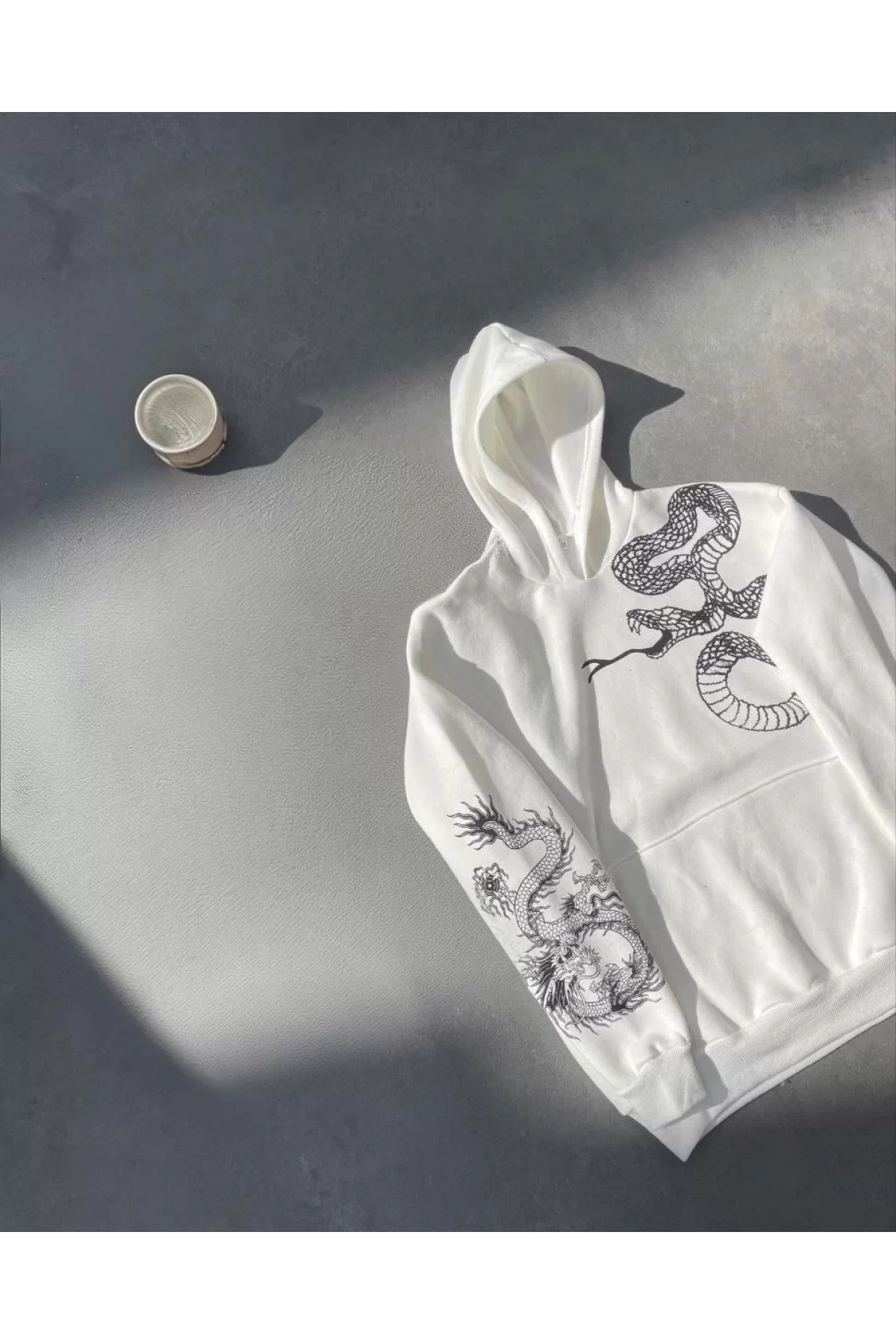 Uzun Kol Kapüşonlu Baskılı SweatShirt - Beyaz