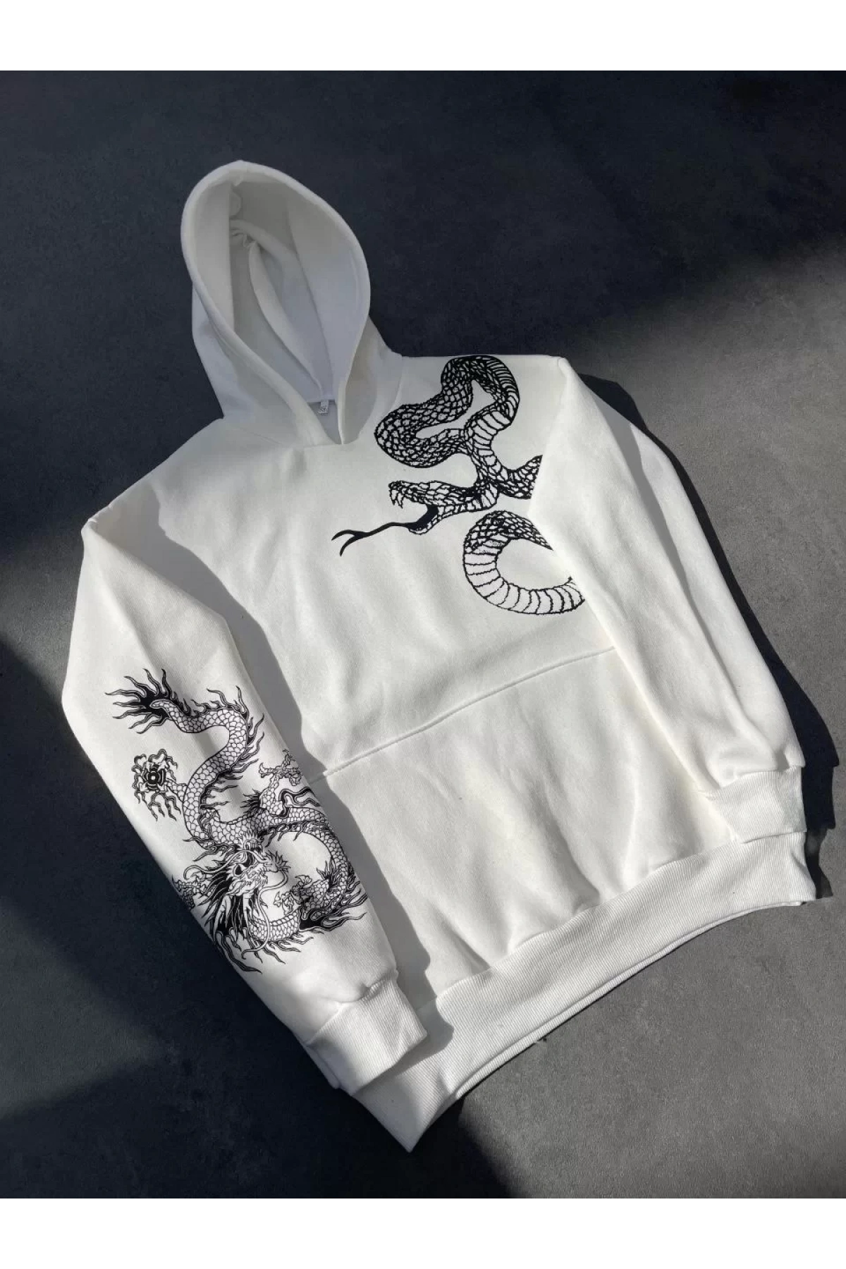 Uzun Kol Kapüşonlu Baskılı SweatShirt - Beyaz