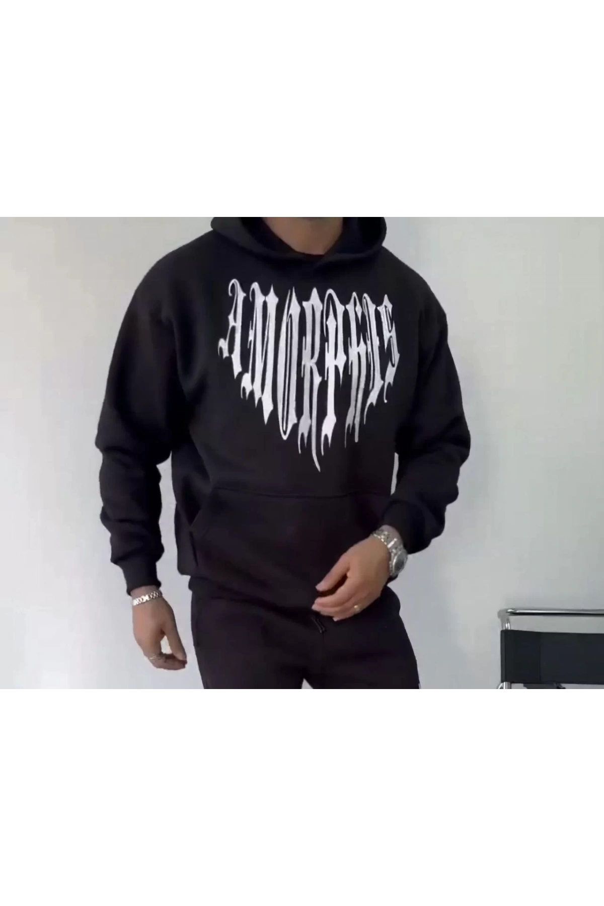 Uzun Kol Kapüşonlu Baskılı SweatShirt - Siyah