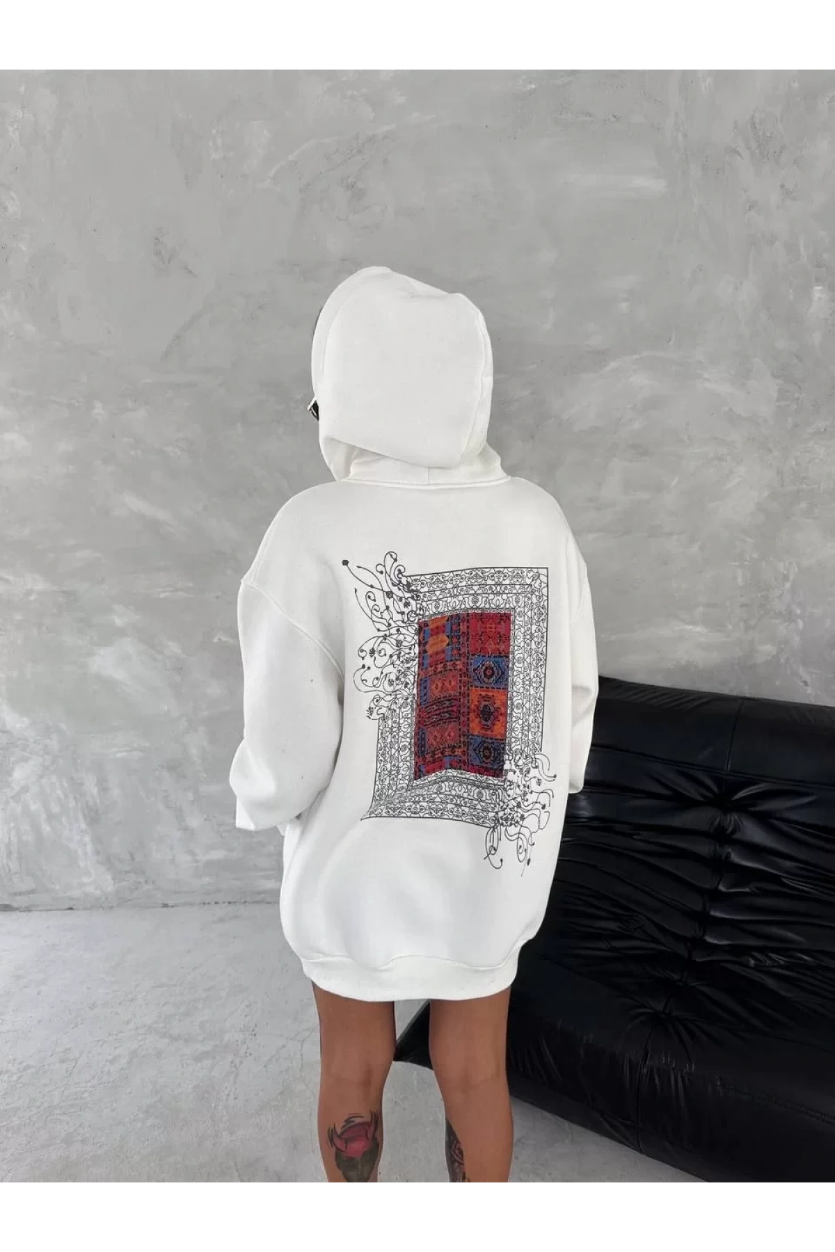Uzun Kol Kapüşonlu Ön Ve Arka Baskılı SweatShirt - Beyaz