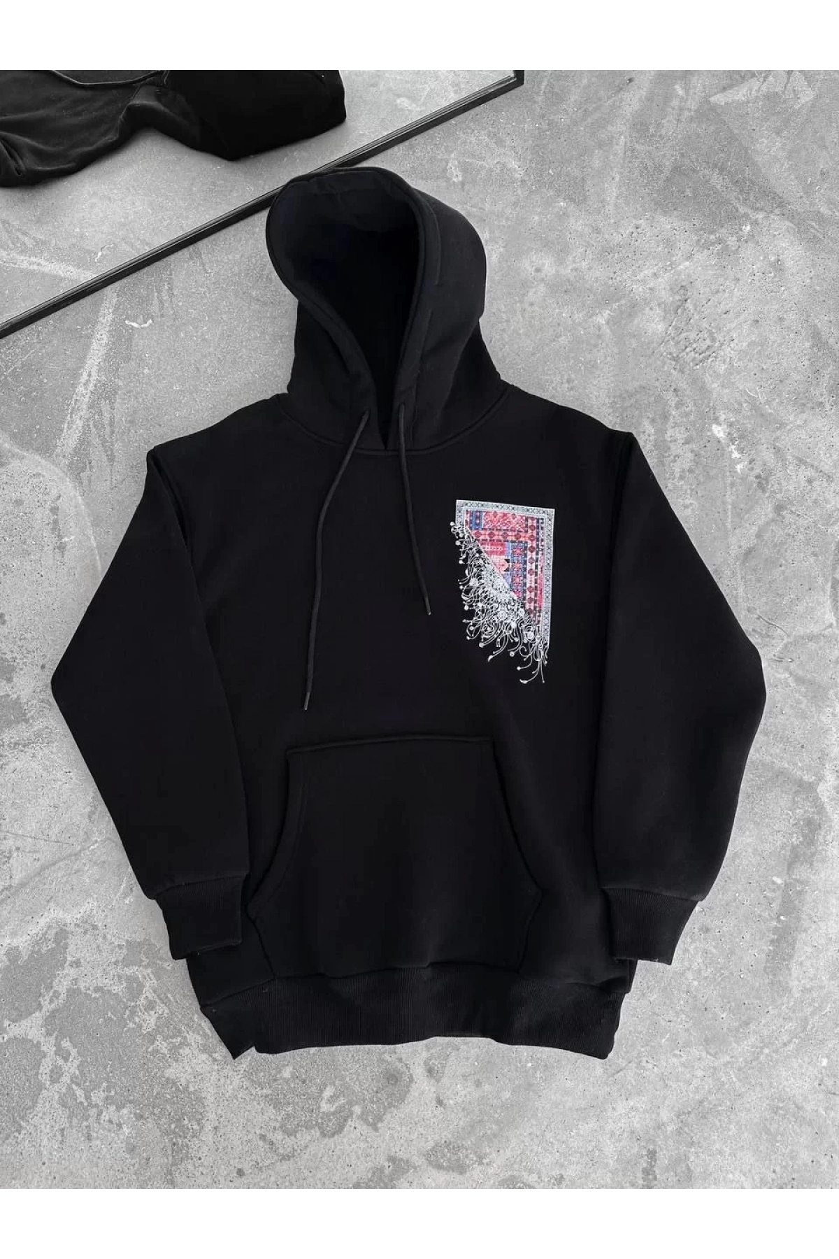 Uzun Kol Kapüşonlu Ön Ve Arka Baskılı SweatShirt - Siyah