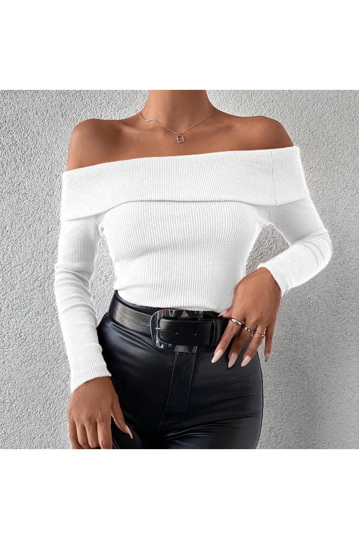 Uzun kol madonna yaka bluz beyaz