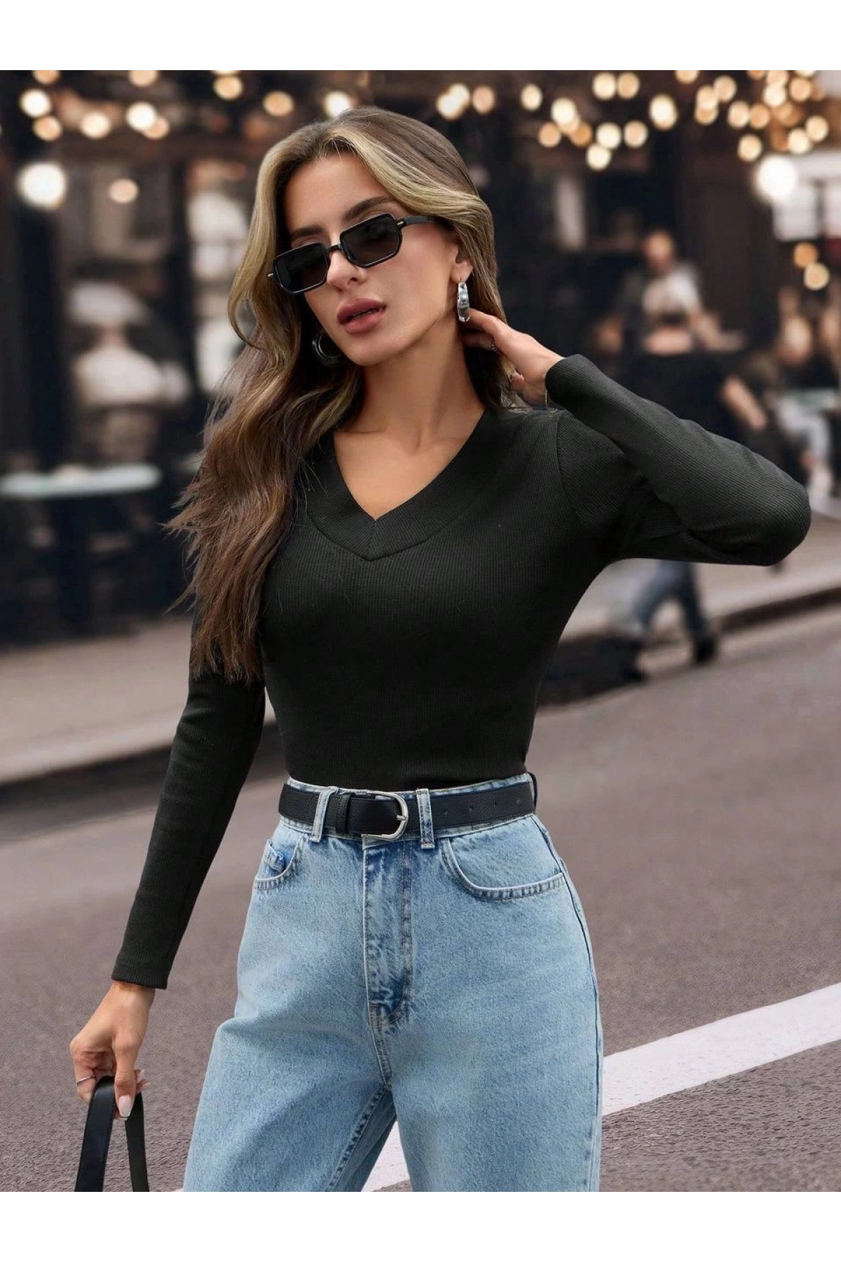 V yaka kaşkorse bluz siyah w3817