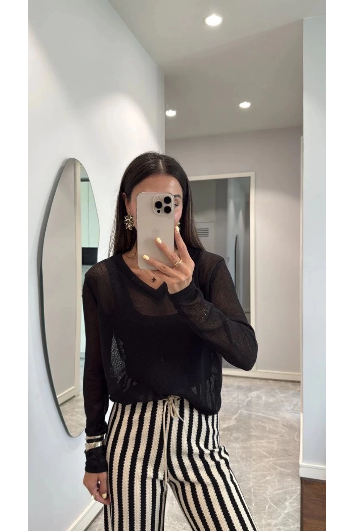 V Yaka uzun Kollu Triko ince Bluz - Siyah