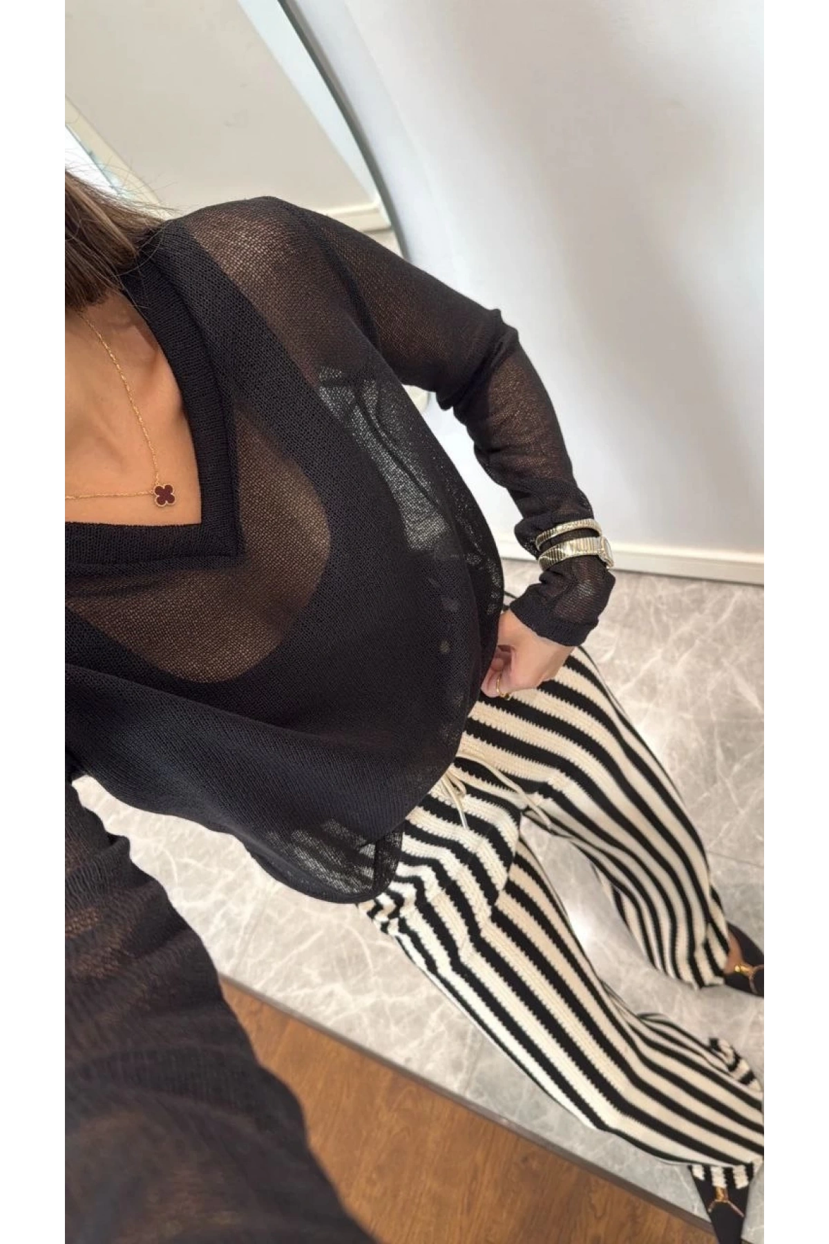 V Yaka uzun Kollu Triko ince Bluz - Siyah