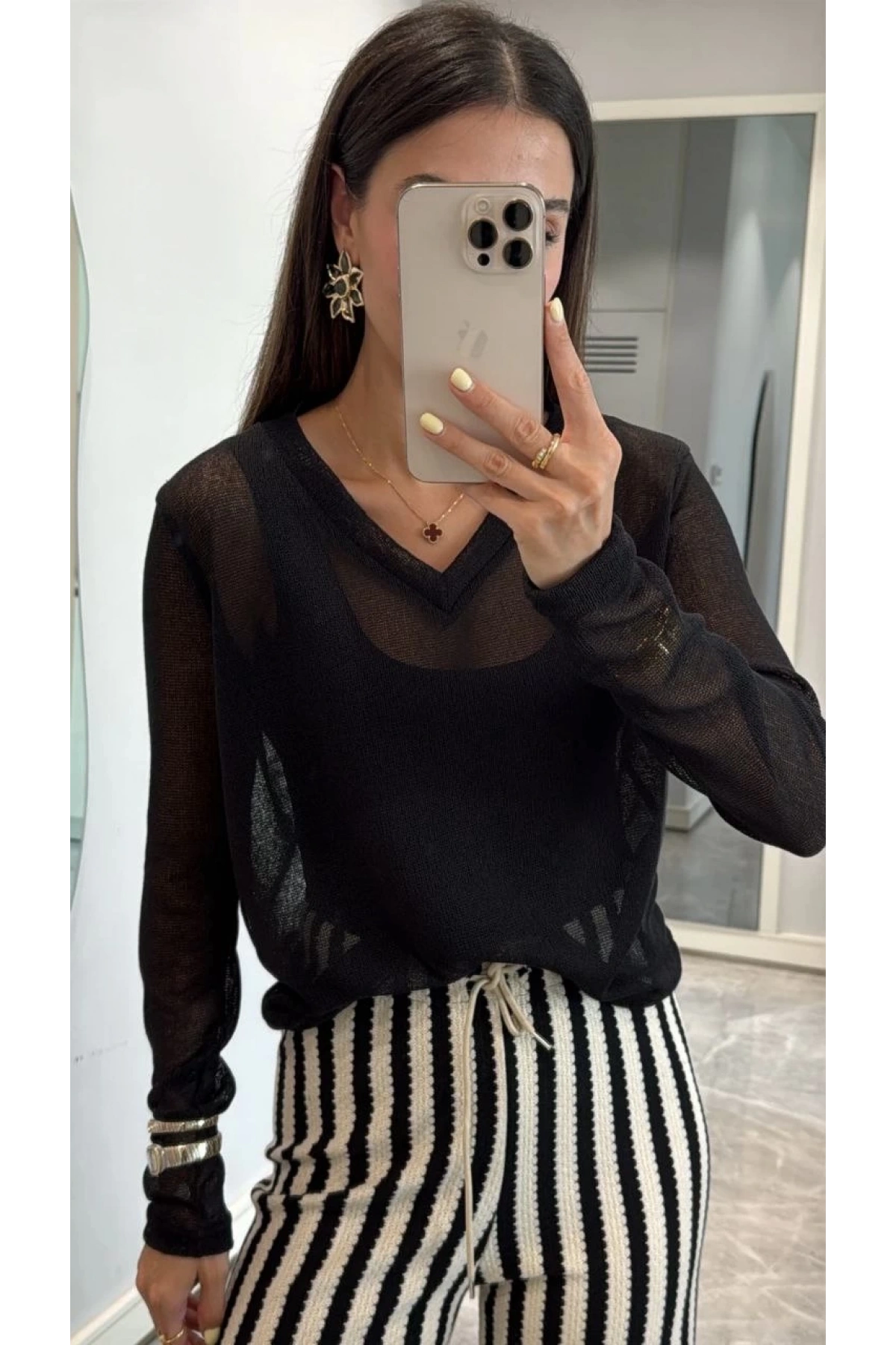 V Yaka uzun Kollu Triko ince Bluz - Siyah