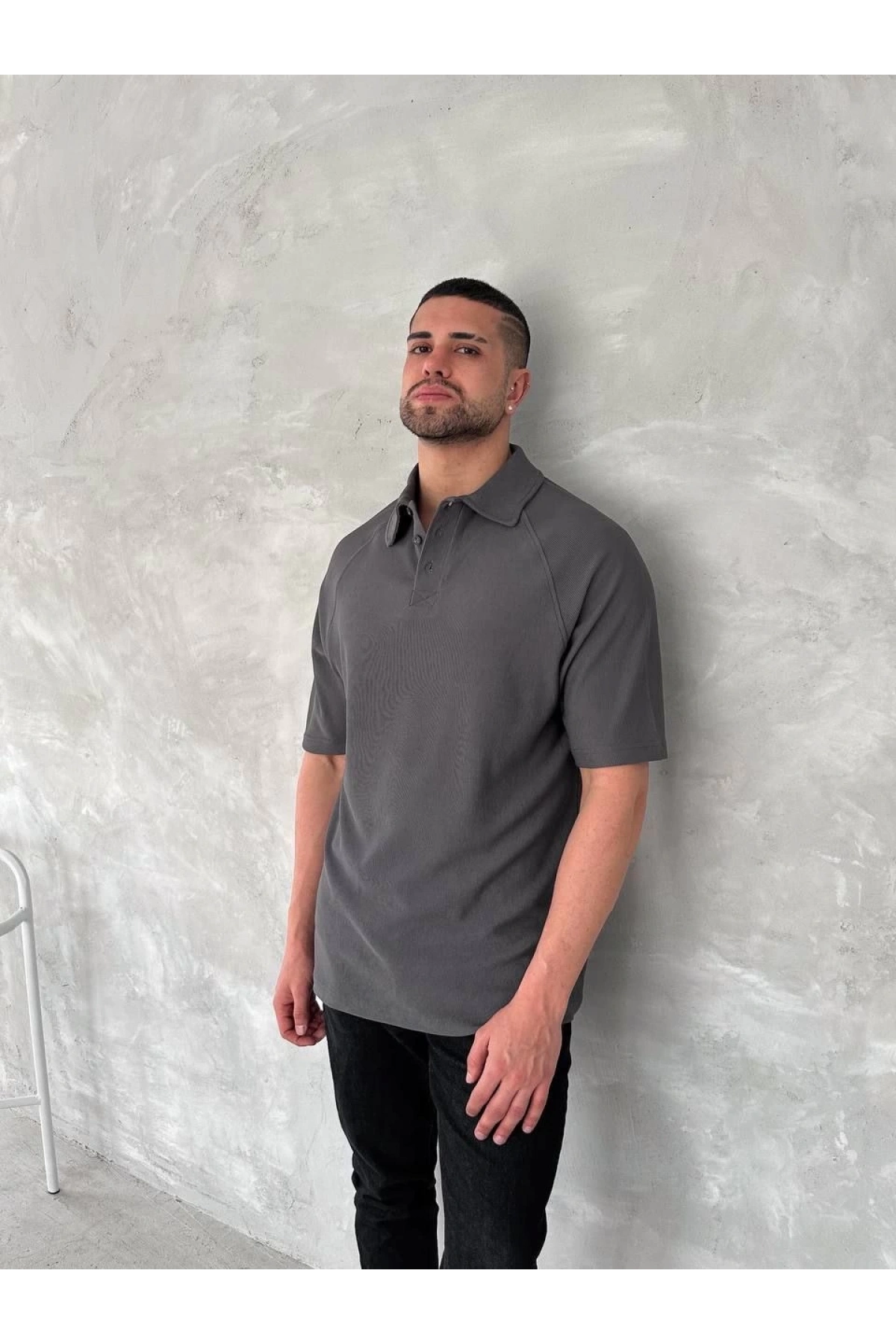 Yakalı Patlı Kısa Kol T-shirt - Antrasit