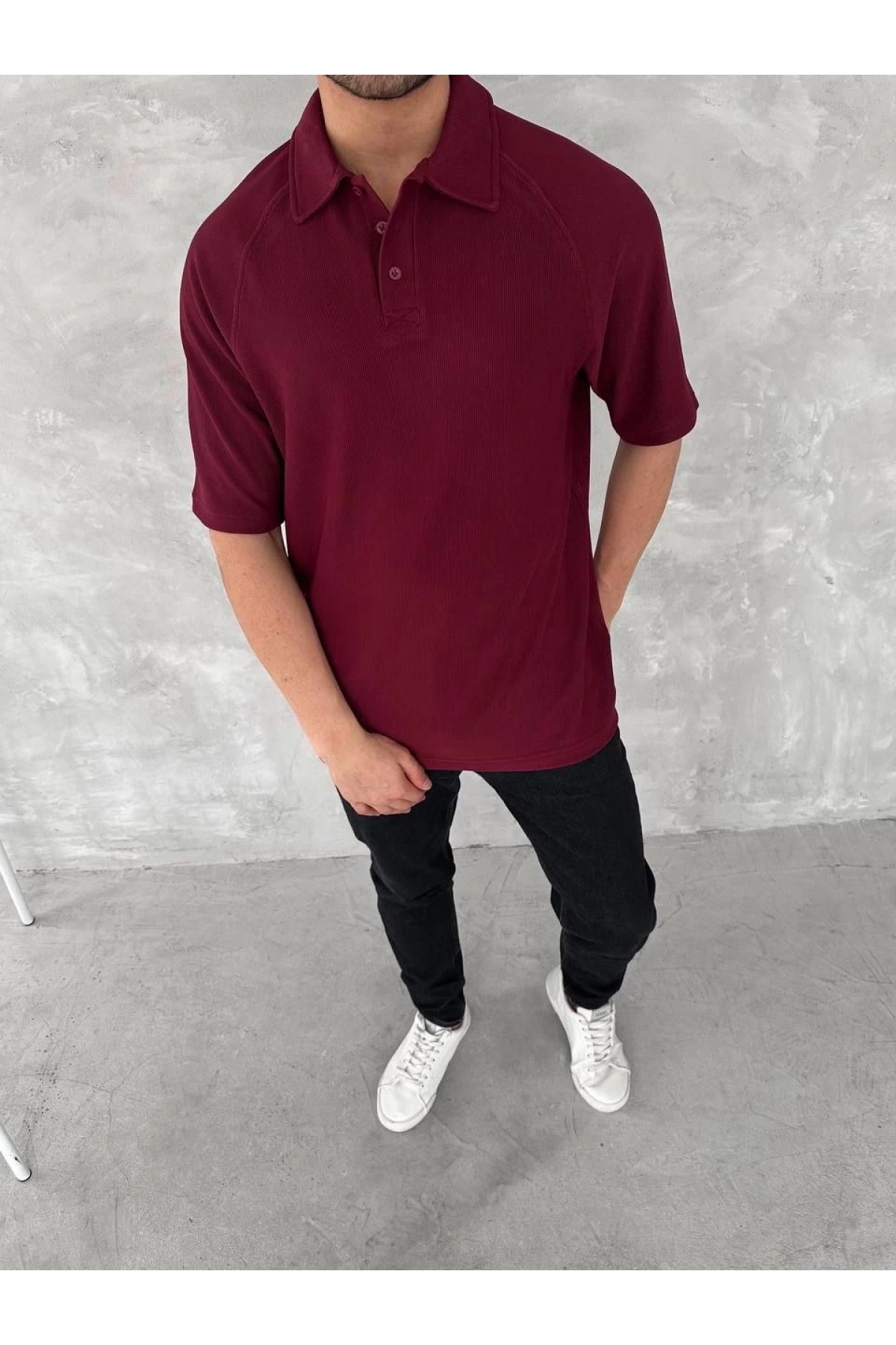 Yakalı Patlı Kısa Kol T-shirt - Bordo