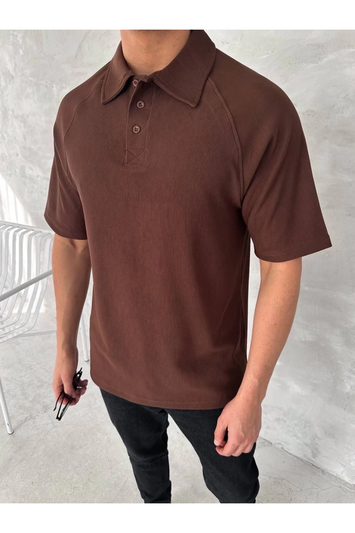 Yakalı Patlı Kısa Kol T-shirt - Kahverengi