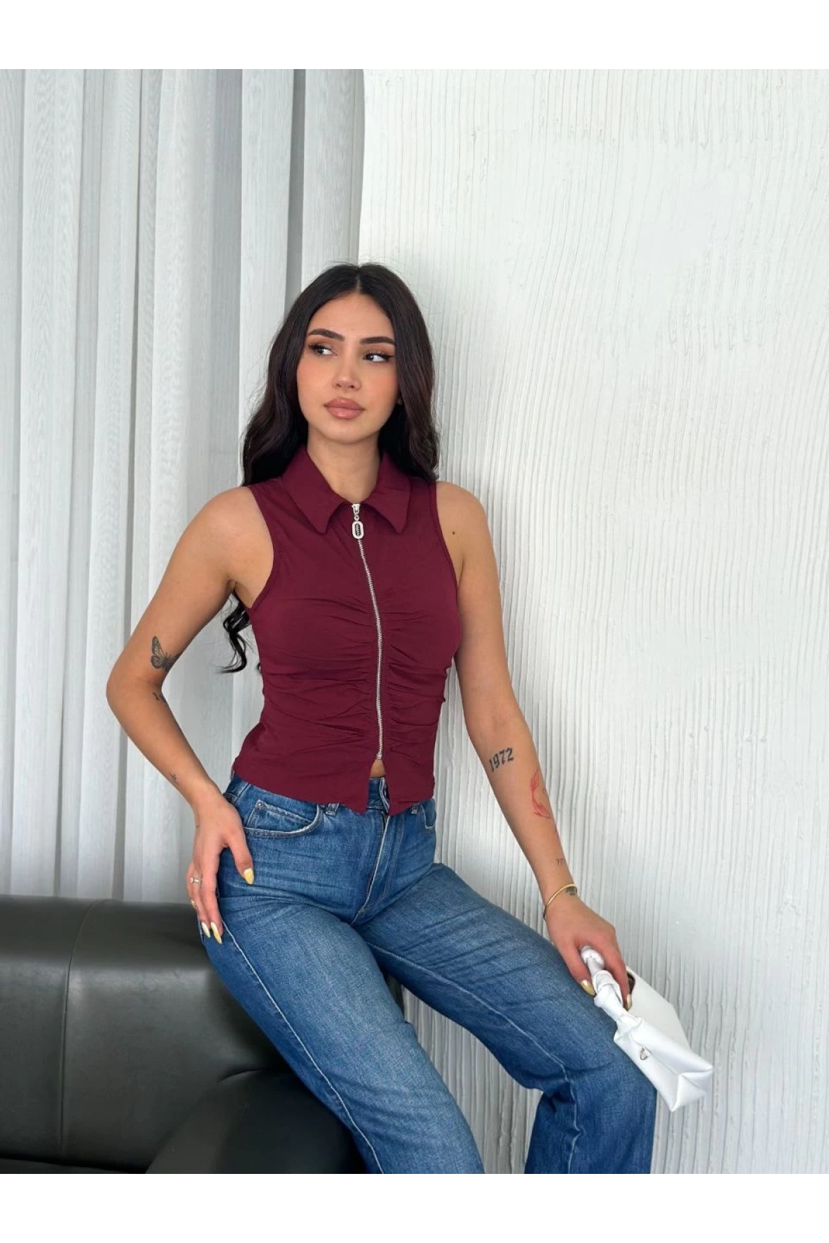 Yakalı Tam Fermuarlı Kolsuz Bluz - Bordo