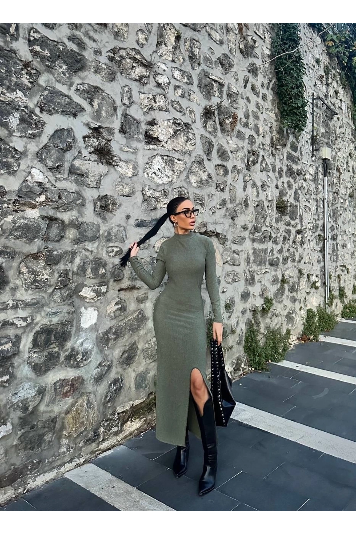 Yırtmaçlı kalın bürümcük uzun elbise Yeşil