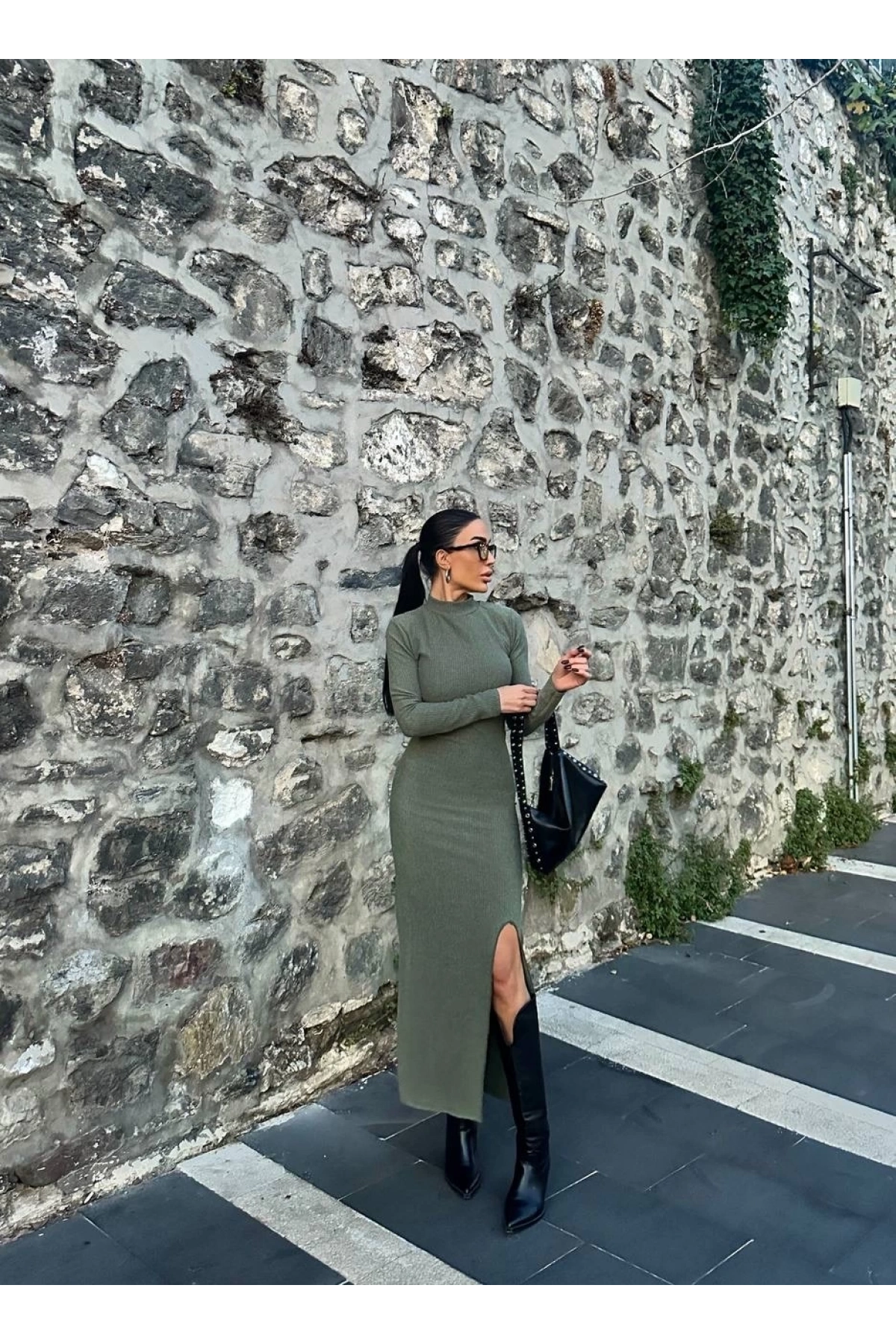 Yırtmaçlı kalın bürümcük uzun elbise Yeşil