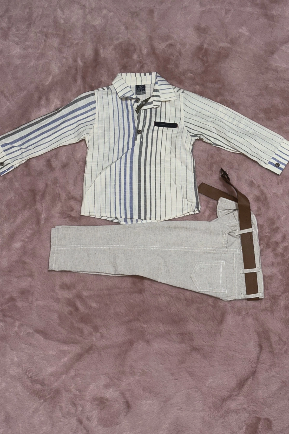 1-6 yaş gömlek pantolon kemerli erkek çocuk alt üst takım keten bej