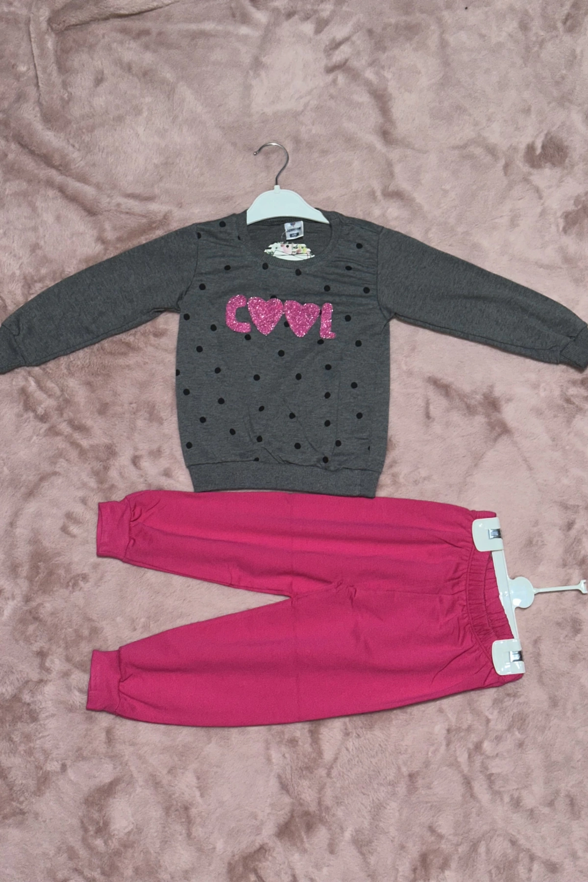 3-7 yaş pontiyeli ikili alt üst takım gri fuşya kız çocuk