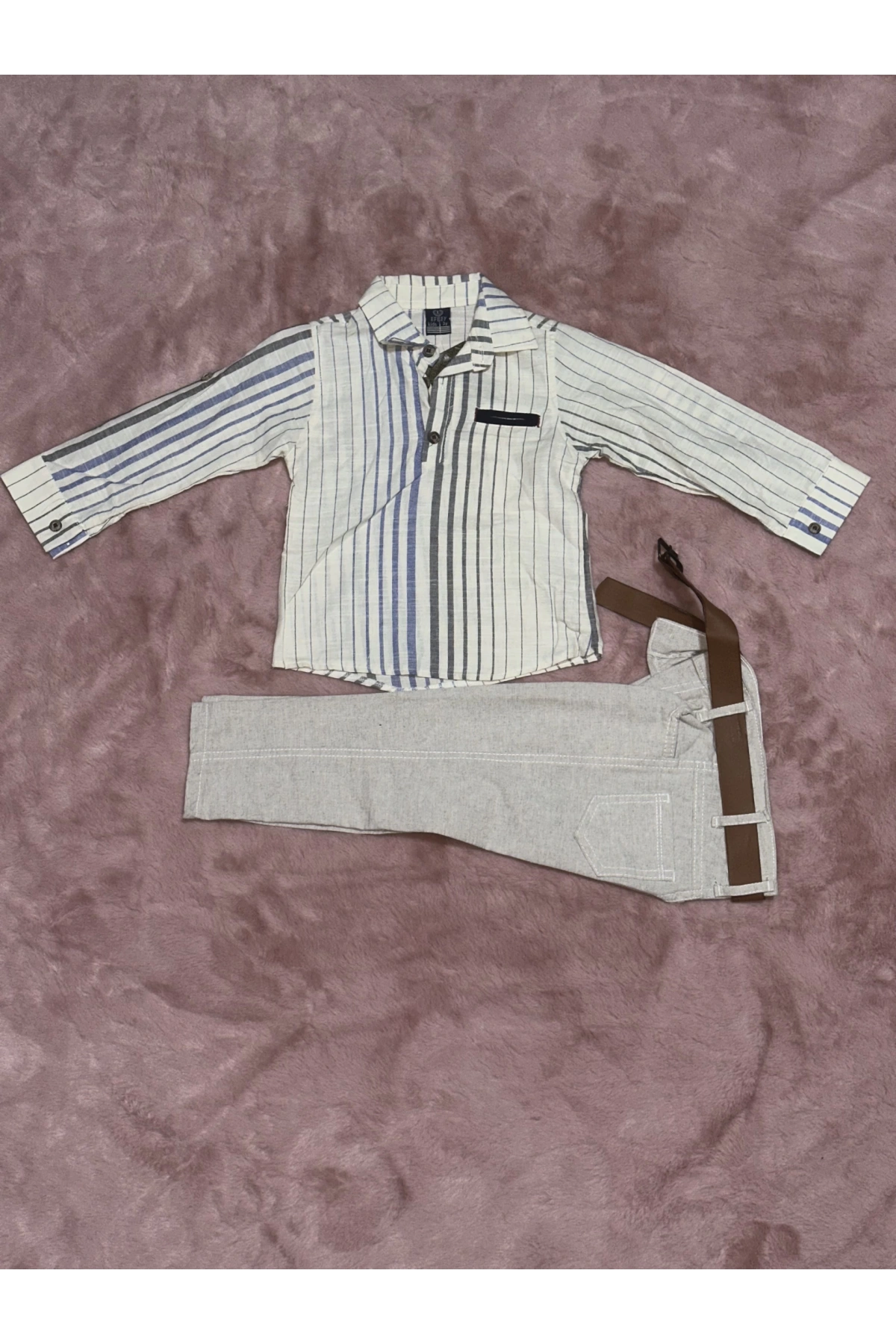 1-6 yaş gömlek pantolon kemerli erkek çocuk alt üst takım keten bej