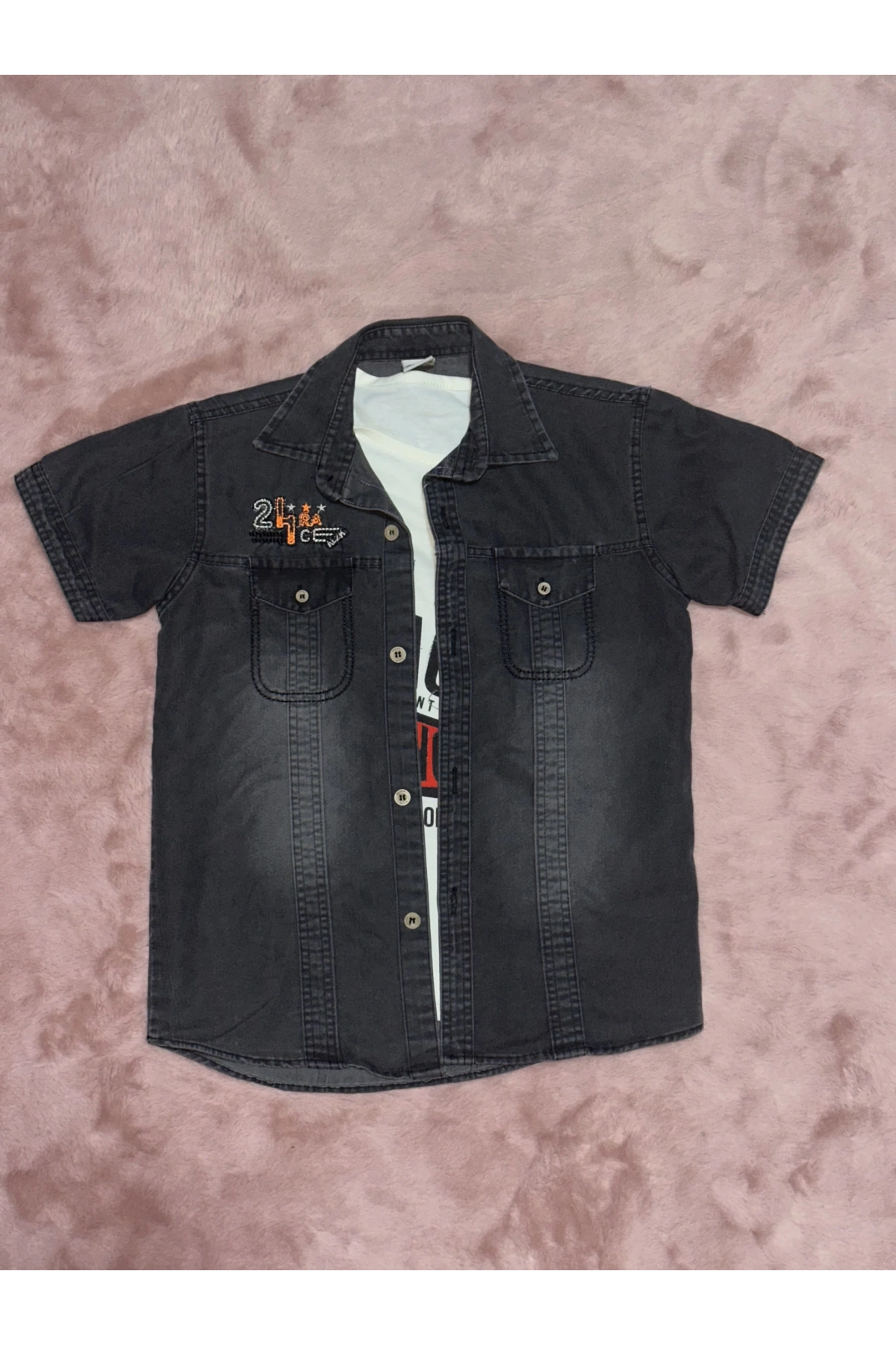 3-9 yaş Tshirt gömlek ikili takım kısa kol füme