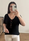 V Yaka Kolyeli Triko Siyah İthal Bluz