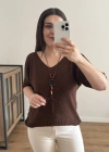 V Yaka Kolyeli Kahverengi İthal Bluz