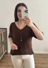 V Yaka Kolyeli Kahverengi İthal Bluz
