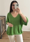 V Yaka Triko Örme Yeşil Renk İthal Bluz