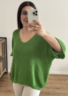 V Yaka Triko Örme Yeşil Renk İthal Bluz