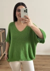 V Yaka Triko Örme Yeşil Renk İthal Bluz