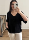 V Yaka Triko Örme Siyah İthal Bluz