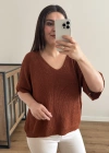 V Yaka Triko Örme Kahverengi İthal Bluz