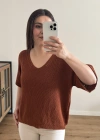 V Yaka Triko Örme Kahverengi İthal Bluz