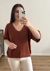 V Yaka Triko Örme Kahverengi İthal Bluz