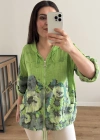 Çiçek Desenli Fermuarlı Yeşil İthal Ceket
