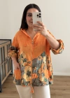 Çiçek Desenli Fermuarlı Turuncu İthal Ceket