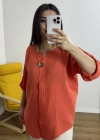 Dirsek Kol Turuncu Müslin Bluz