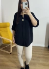 Dirsek Kol Siyah Renk Müslin Bluz