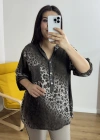 Leopar Desenli Haki Yaka Kahverengi İthal Bluz