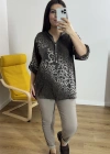 Leopar Desenli Haki Yaka Kahverengi İthal Bluz