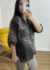 Leopar Desenli Haki Yaka Kahverengi İthal Bluz