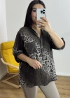 Leopar Desenli Haki Yaka Kahverengi İthal Bluz