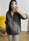 Leopar Desenli Haki Yaka Kahverengi İthal Bluz