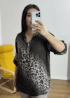 Leopar Desenli Haki Yaka Kahverengi İthal Bluz