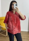 Leopar Desenli Hakim Yaka Kırmızı İthal Bluz