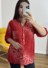 Leopar Desenli Hakim Yaka Kırmızı İthal Bluz