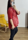 Leopar Desenli Hakim Yaka Kırmızı İthal Bluz