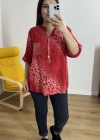 Leopar Desenli Hakim Yaka Kırmızı İthal Bluz