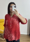 Leopar Desenli Hakim Yaka Kırmızı İthal Bluz
