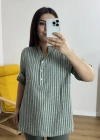 Çizgili Haki Yeşil İthal Bluz