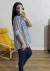 Lacivert Çizgili Beyaz İthal Bluz